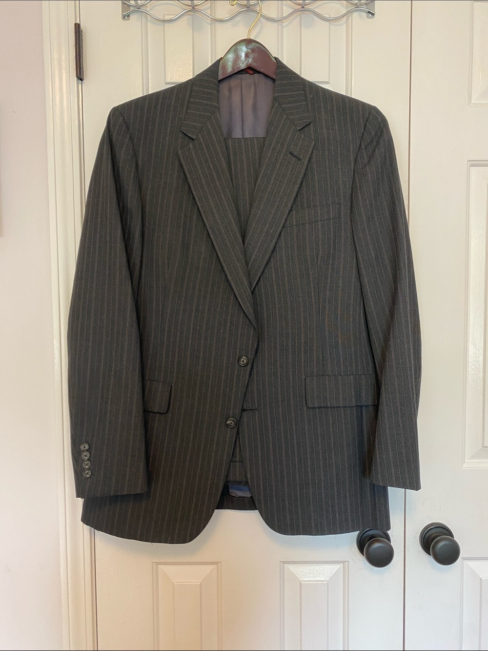 Men's Pinstripe Two-Button Blazer and Pants Set- Dark Gray